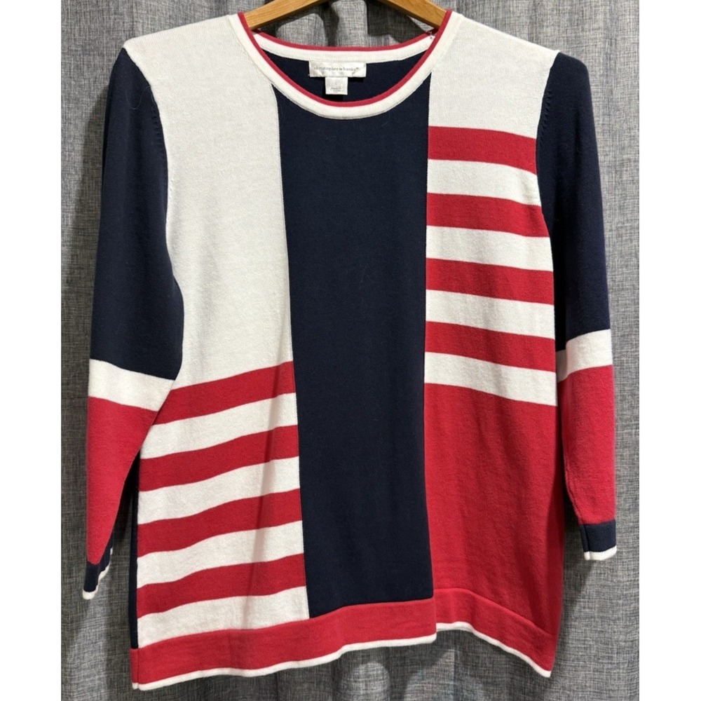 Christopher &‎ Banks Round Neck Patriotic Sweater 3/4 Sleeve Sz Large Stripes